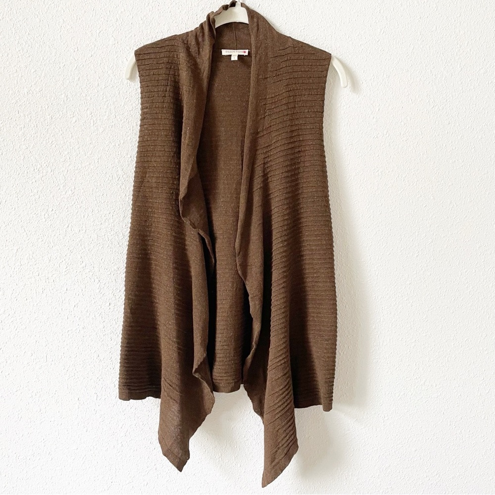 Eileen Fisher Linen Cotton Open Front Vest Brown Size Small Coastal Ribbed Boho